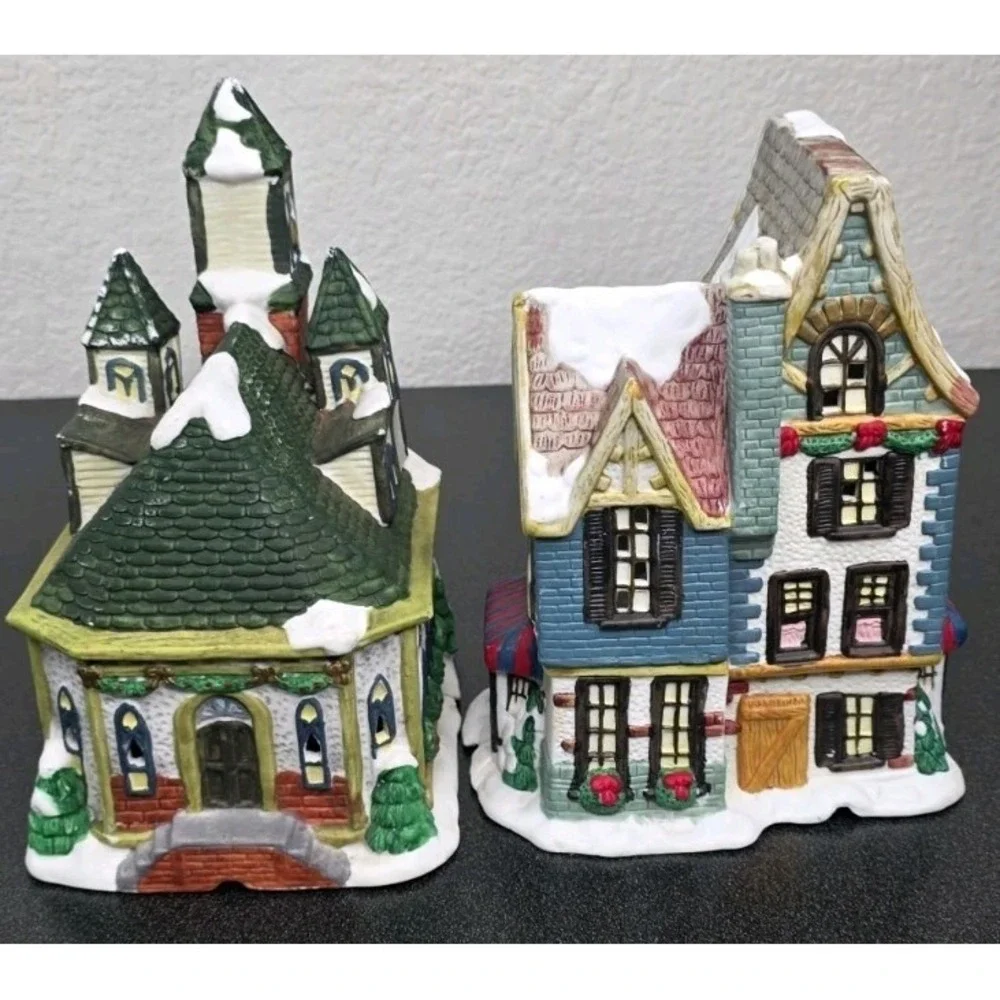 2pc CHRISTMAS VILLAGE PORCELAIN SNOW CHURCH Bakery HOUSE Decor Holiday Town